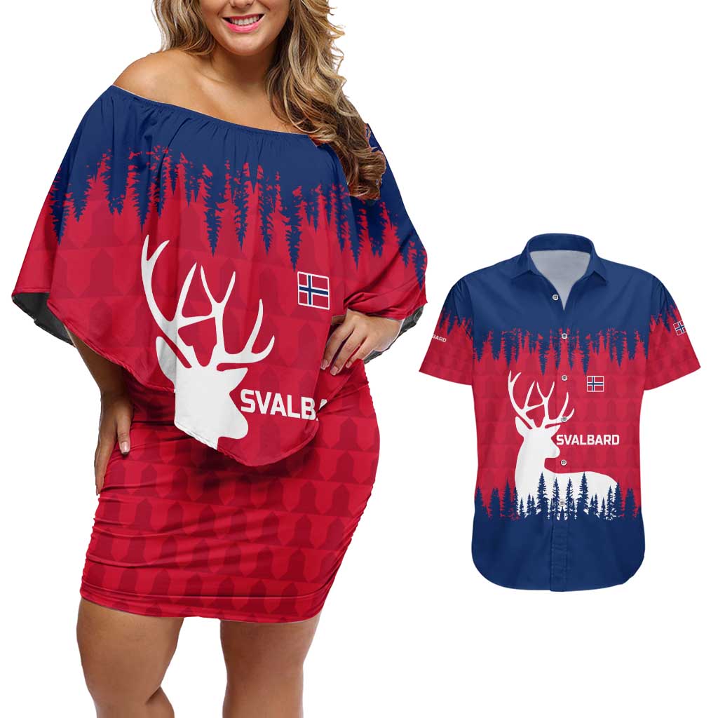 Norway Svalbard Couples Matching Off Shoulder Short Dress and Hawaiian Shirt with Reindeer Silhouette Forest and Norwegian Flag - Wonder Print Shop