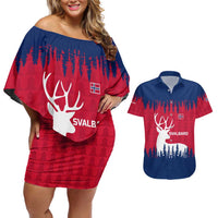 Norway Svalbard Couples Matching Off Shoulder Short Dress and Hawaiian Shirt with Reindeer Silhouette Forest and Norwegian Flag - Wonder Print Shop