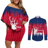 Norway Svalbard Couples Matching Off Shoulder Short Dress and Long Sleeve Button Shirt with Reindeer Silhouette Forest and Norwegian Flag - Wonder Print Shop