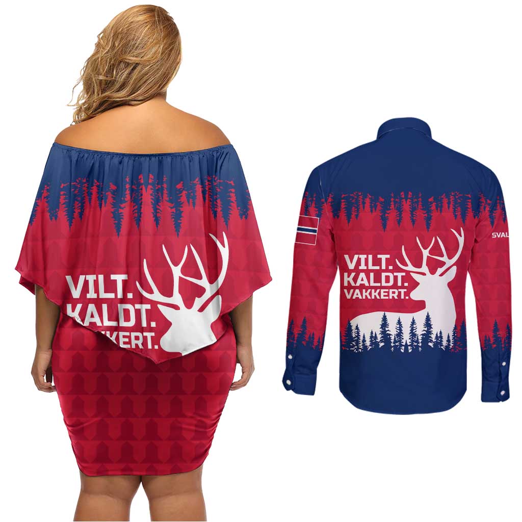 Norway Svalbard Couples Matching Off Shoulder Short Dress and Long Sleeve Button Shirt with Reindeer Silhouette Forest and Norwegian Flag - Wonder Print Shop