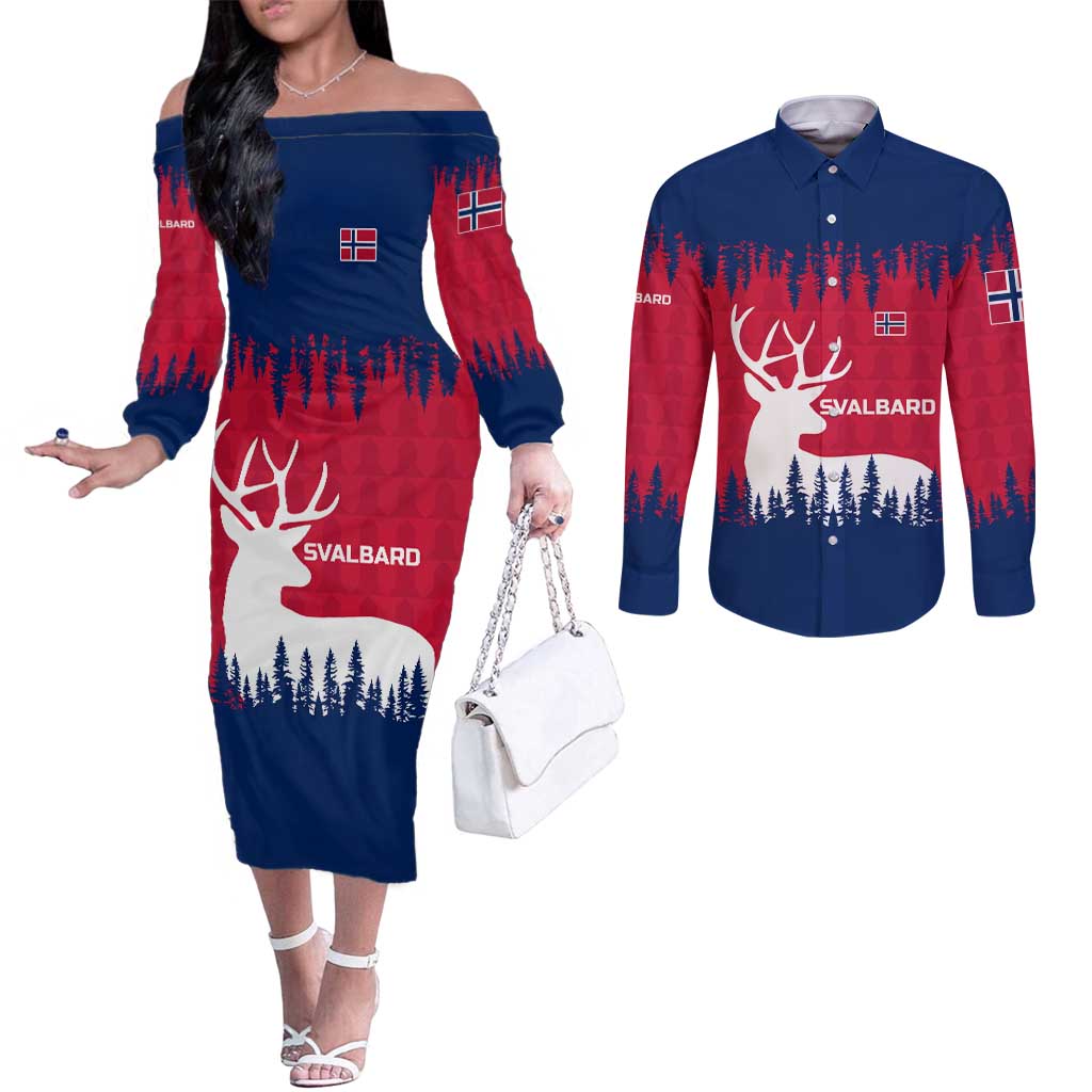 Norway Svalbard Couples Matching Off The Shoulder Long Sleeve Dress and Long Sleeve Button Shirt with Reindeer Silhouette Forest and Norwegian Flag - Wonder Print Shop