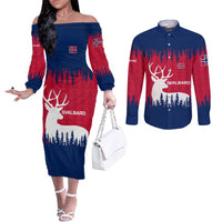 Norway Svalbard Couples Matching Off The Shoulder Long Sleeve Dress and Long Sleeve Button Shirt with Reindeer Silhouette Forest and Norwegian Flag - Wonder Print Shop