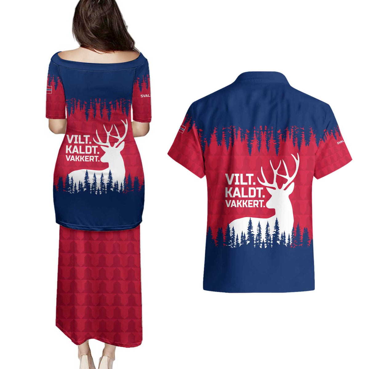 Norway Svalbard Couples Matching Puletasi and Hawaiian Shirt with Reindeer Silhouette Forest and Norwegian Flag - Wonder Print Shop
