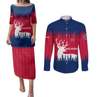 Norway Svalbard Couples Matching Puletasi and Long Sleeve Button Shirt with Reindeer Silhouette Forest and Norwegian Flag - Wonder Print Shop