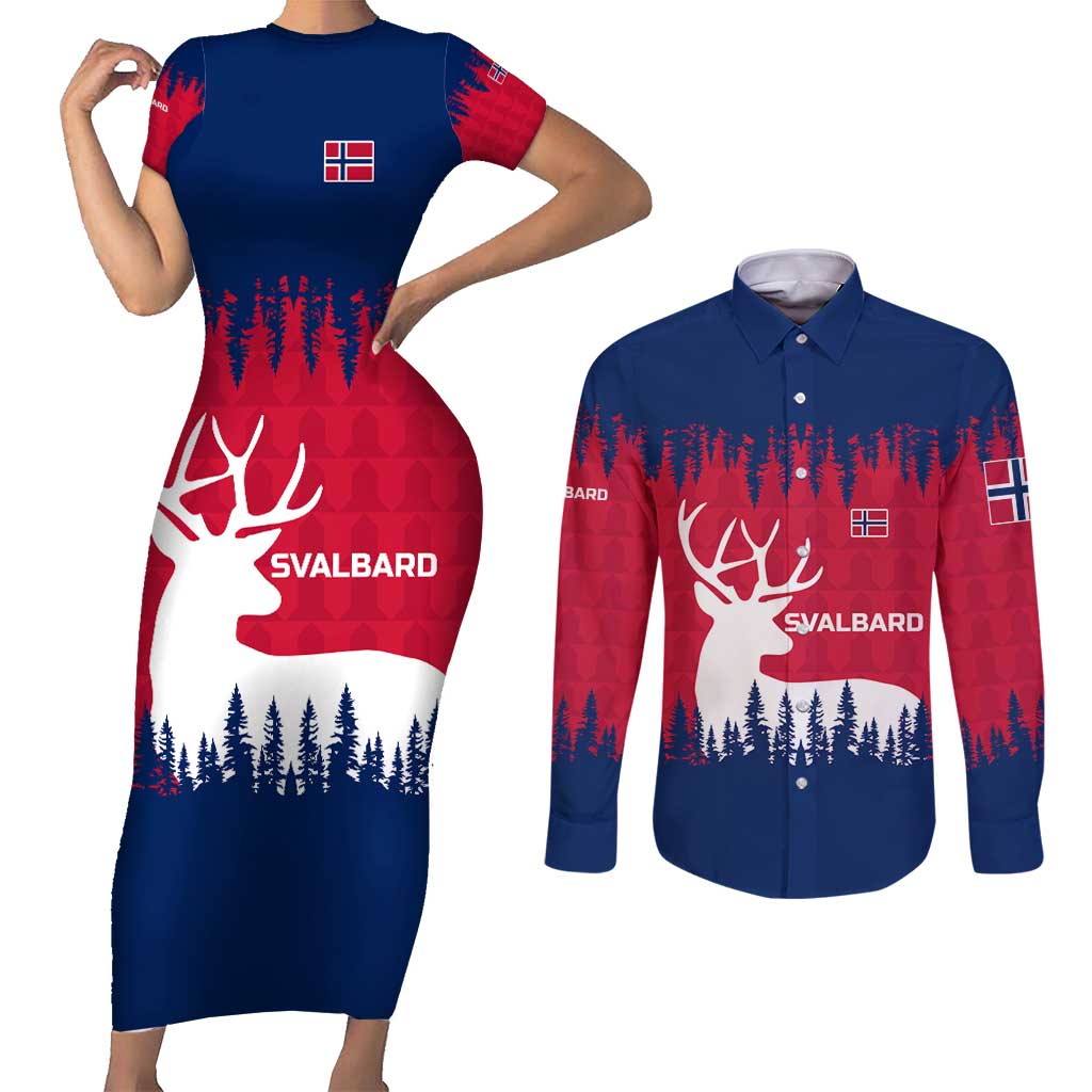 Norway Svalbard Couples Matching Short Sleeve Bodycon Dress and Long Sleeve Button Shirt with Reindeer Silhouette Forest and Norwegian Flag - Wonder Print Shop
