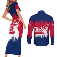 Norway Svalbard Couples Matching Short Sleeve Bodycon Dress and Long Sleeve Button Shirt with Reindeer Silhouette Forest and Norwegian Flag - Wonder Print Shop
