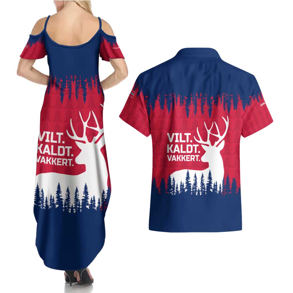 Norway Svalbard Couples Matching Summer Maxi Dress and Hawaiian Shirt with Reindeer Silhouette Forest and Norwegian Flag - Wonder Print Shop
