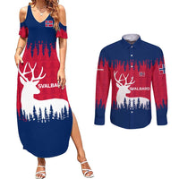 Norway Svalbard Couples Matching Summer Maxi Dress and Long Sleeve Button Shirt with Reindeer Silhouette Forest and Norwegian Flag - Wonder Print Shop