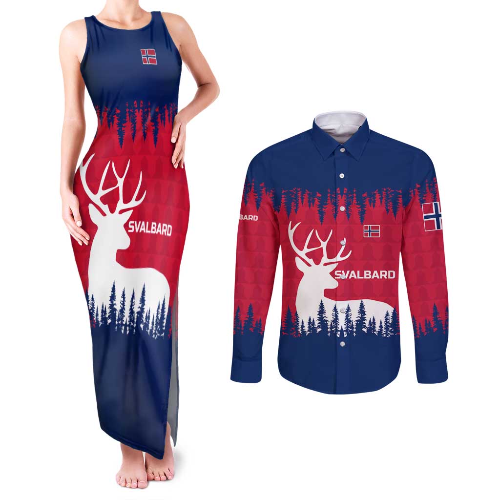 Norway Svalbard Couples Matching Tank Maxi Dress and Long Sleeve Button Shirt with Reindeer Silhouette Forest and Norwegian Flag - Wonder Print Shop