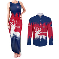 Norway Svalbard Couples Matching Tank Maxi Dress and Long Sleeve Button Shirt with Reindeer Silhouette Forest and Norwegian Flag - Wonder Print Shop