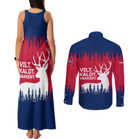 Norway Svalbard Couples Matching Tank Maxi Dress and Long Sleeve Button Shirt with Reindeer Silhouette Forest and Norwegian Flag - Wonder Print Shop