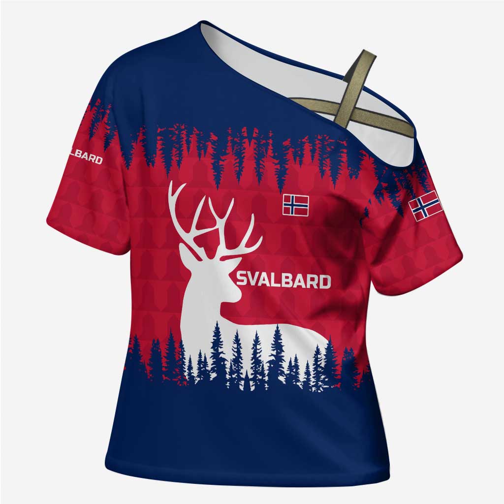 Norway Svalbard Cross Shoulder Shirt with Reindeer Silhouette Forest and Norwegian Flag - Wonder Print Shop