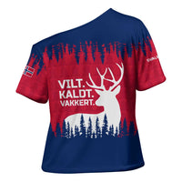 Norway Svalbard Cross Shoulder Shirt with Reindeer Silhouette Forest and Norwegian Flag - Wonder Print Shop
