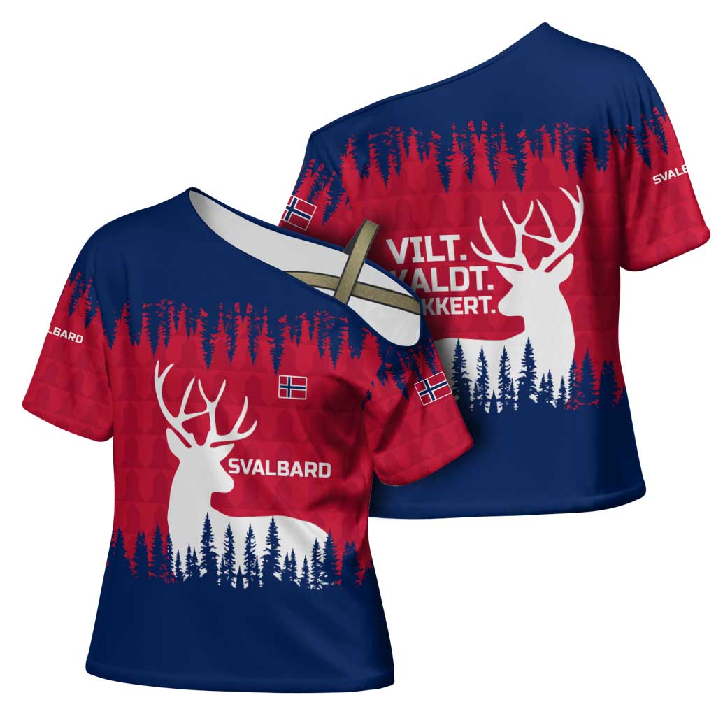 Norway Svalbard Cross Shoulder Shirt with Reindeer Silhouette Forest and Norwegian Flag - Wonder Print Shop