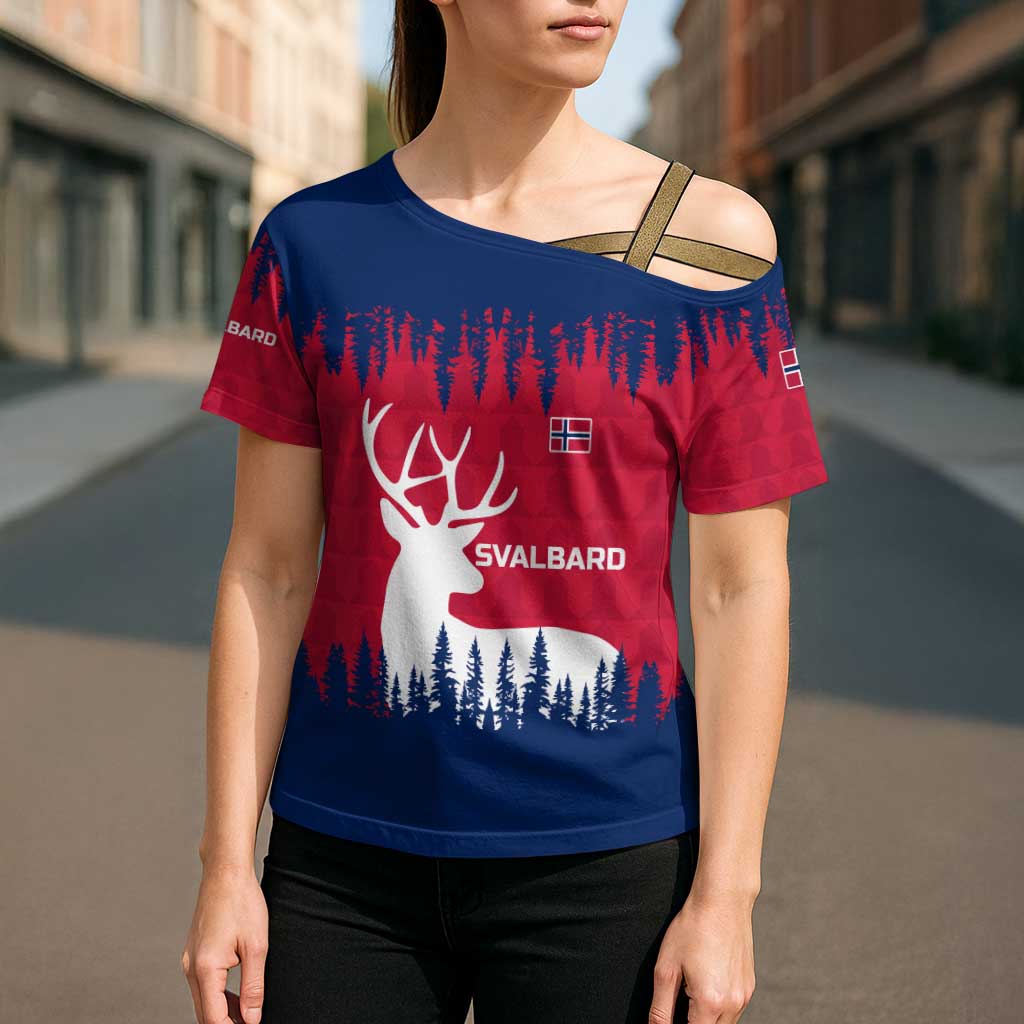 Norway Svalbard Cross Shoulder Shirt with Reindeer Silhouette Forest and Norwegian Flag - Wonder Print Shop