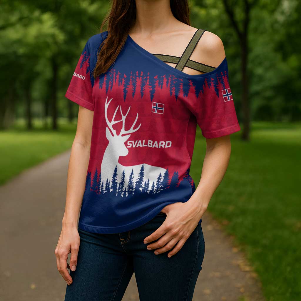 Norway Svalbard Cross Shoulder Shirt with Reindeer Silhouette Forest and Norwegian Flag - Wonder Print Shop