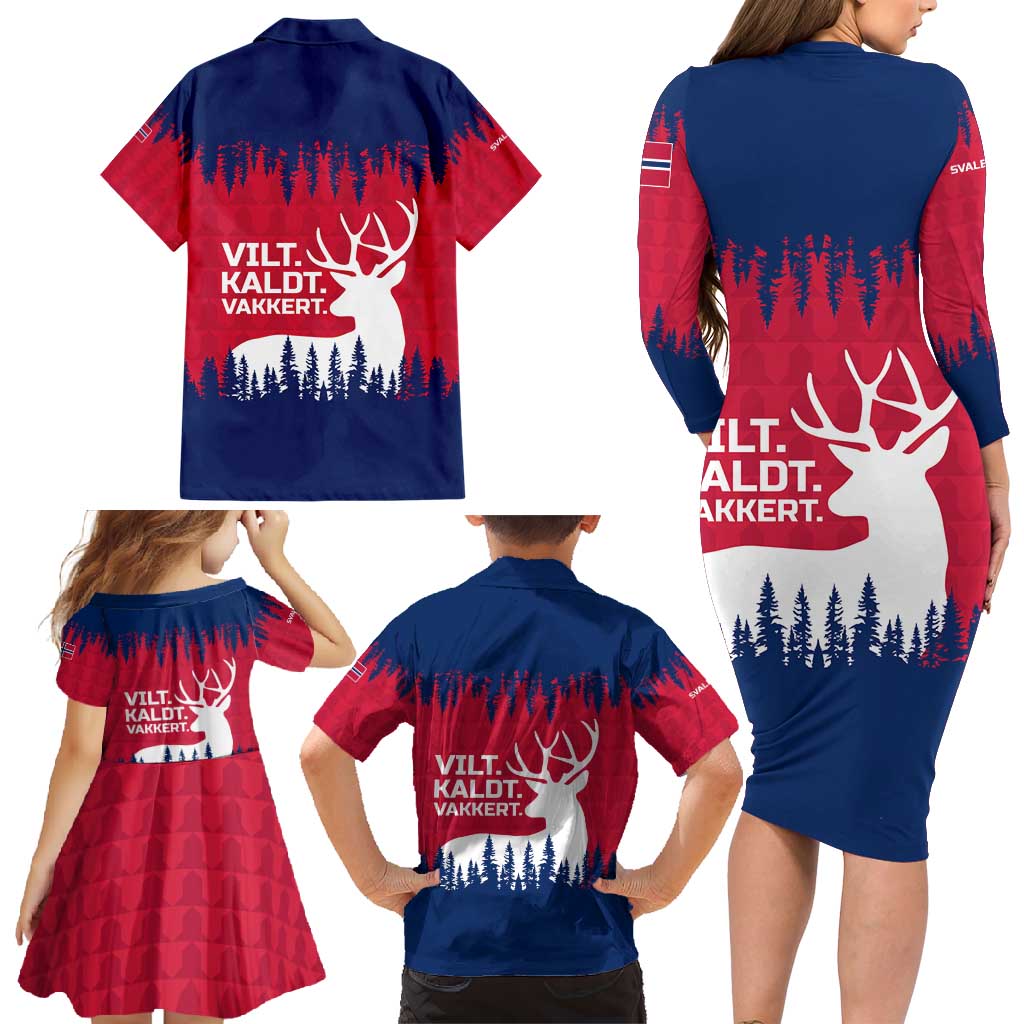 Norway Svalbard Family Matching Long Sleeve Bodycon Dress and Hawaiian Shirt with Reindeer Silhouette Forest and Norwegian Flag - Wonder Print Shop