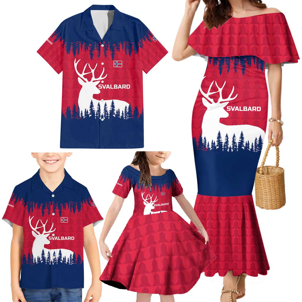 Norway Svalbard Family Matching Mermaid Dress and Hawaiian Shirt with Reindeer Silhouette Forest and Norwegian Flag - Wonder Print Shop
