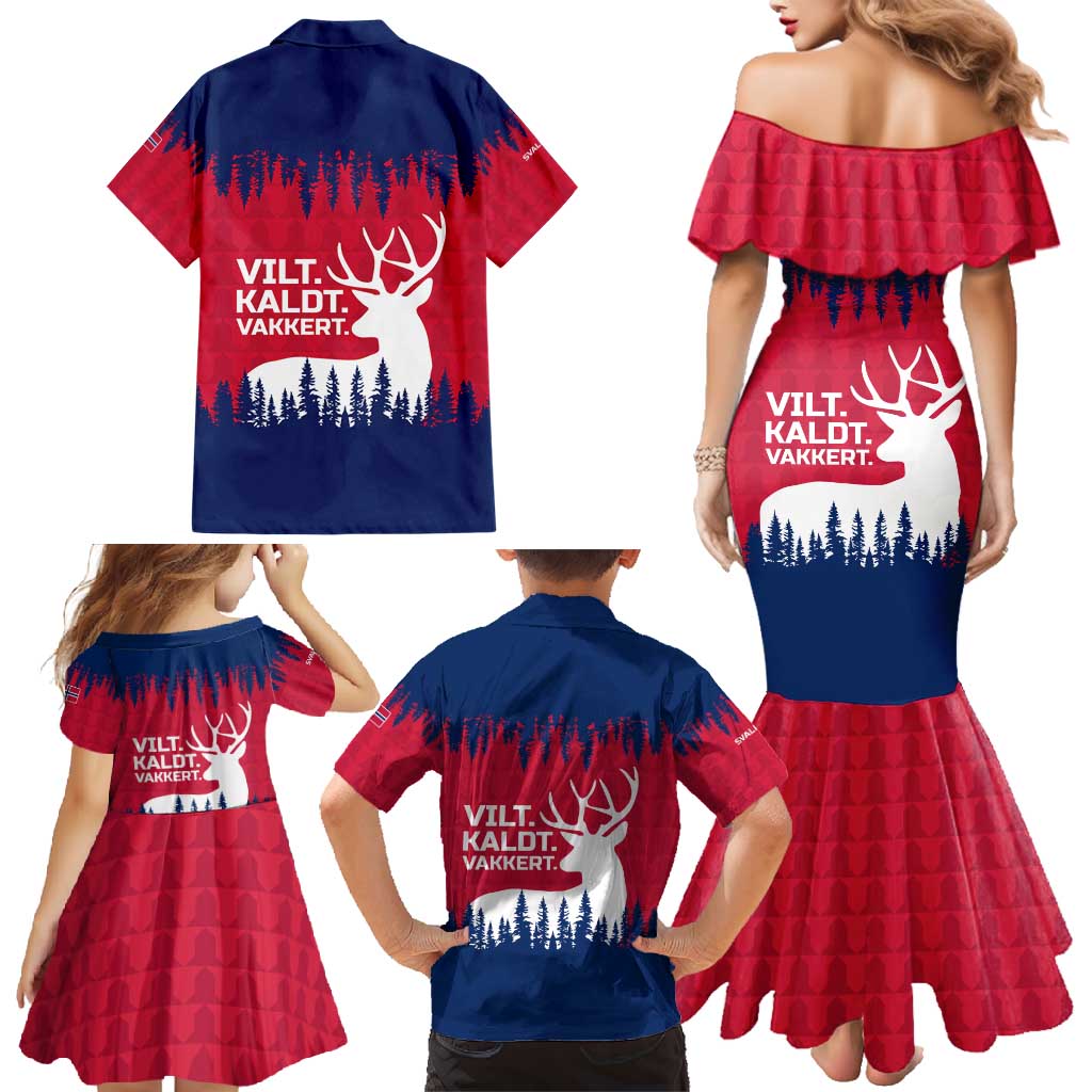 Norway Svalbard Family Matching Mermaid Dress and Hawaiian Shirt with Reindeer Silhouette Forest and Norwegian Flag - Wonder Print Shop