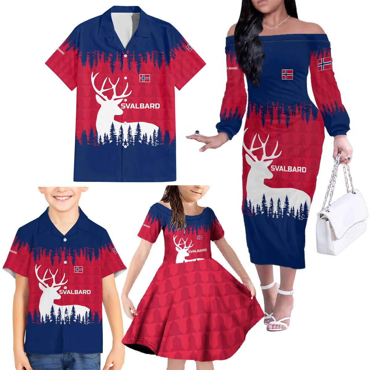 Norway Svalbard Family Matching Off The Shoulder Long Sleeve Dress and Hawaiian Shirt with Reindeer Silhouette Forest and Norwegian Flag - Wonder Print Shop
