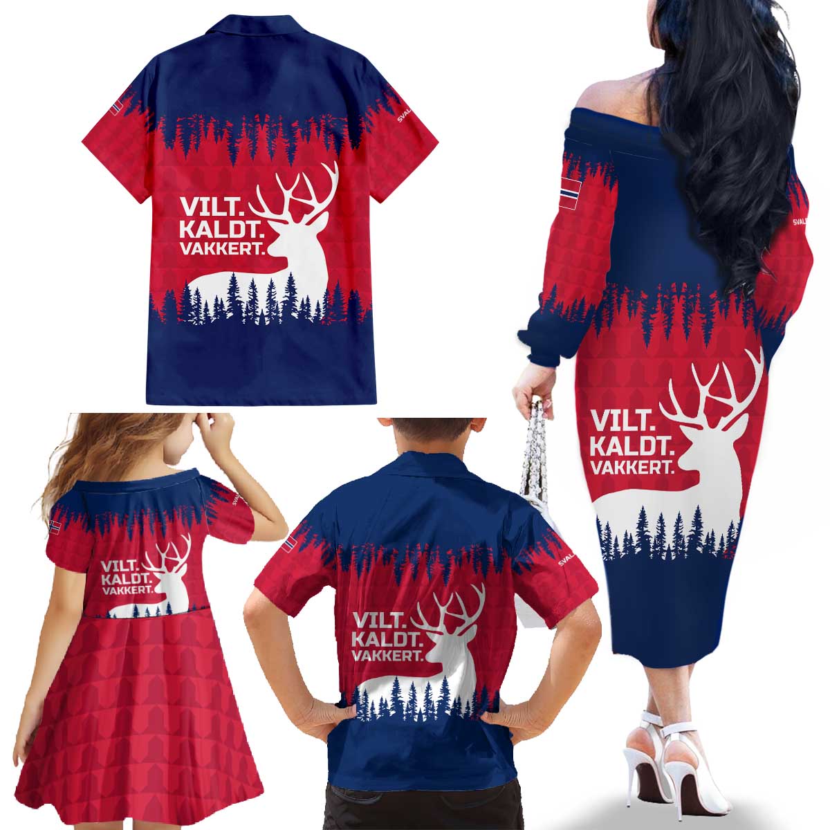Norway Svalbard Family Matching Off The Shoulder Long Sleeve Dress and Hawaiian Shirt with Reindeer Silhouette Forest and Norwegian Flag - Wonder Print Shop