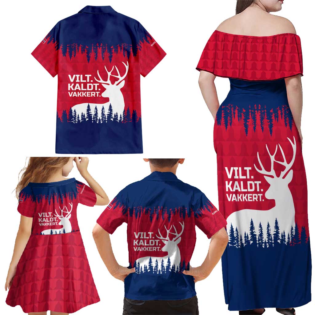 Norway Svalbard Family Matching Off Shoulder Maxi Dress and Hawaiian Shirt with Reindeer Silhouette Forest and Norwegian Flag - Wonder Print Shop