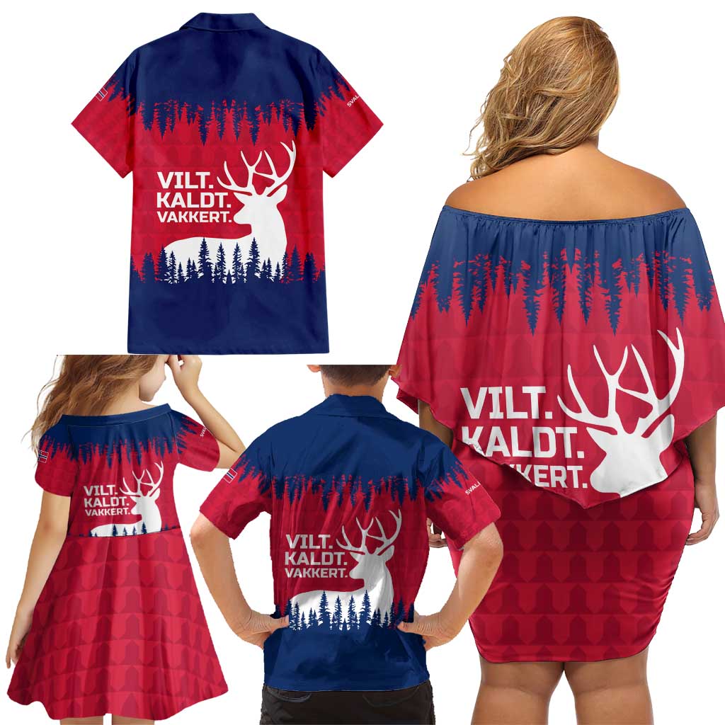 Norway Svalbard Family Matching Off Shoulder Short Dress and Hawaiian Shirt with Reindeer Silhouette Forest and Norwegian Flag - Wonder Print Shop