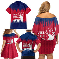 Norway Svalbard Family Matching Off Shoulder Short Dress and Hawaiian Shirt with Reindeer Silhouette Forest and Norwegian Flag - Wonder Print Shop