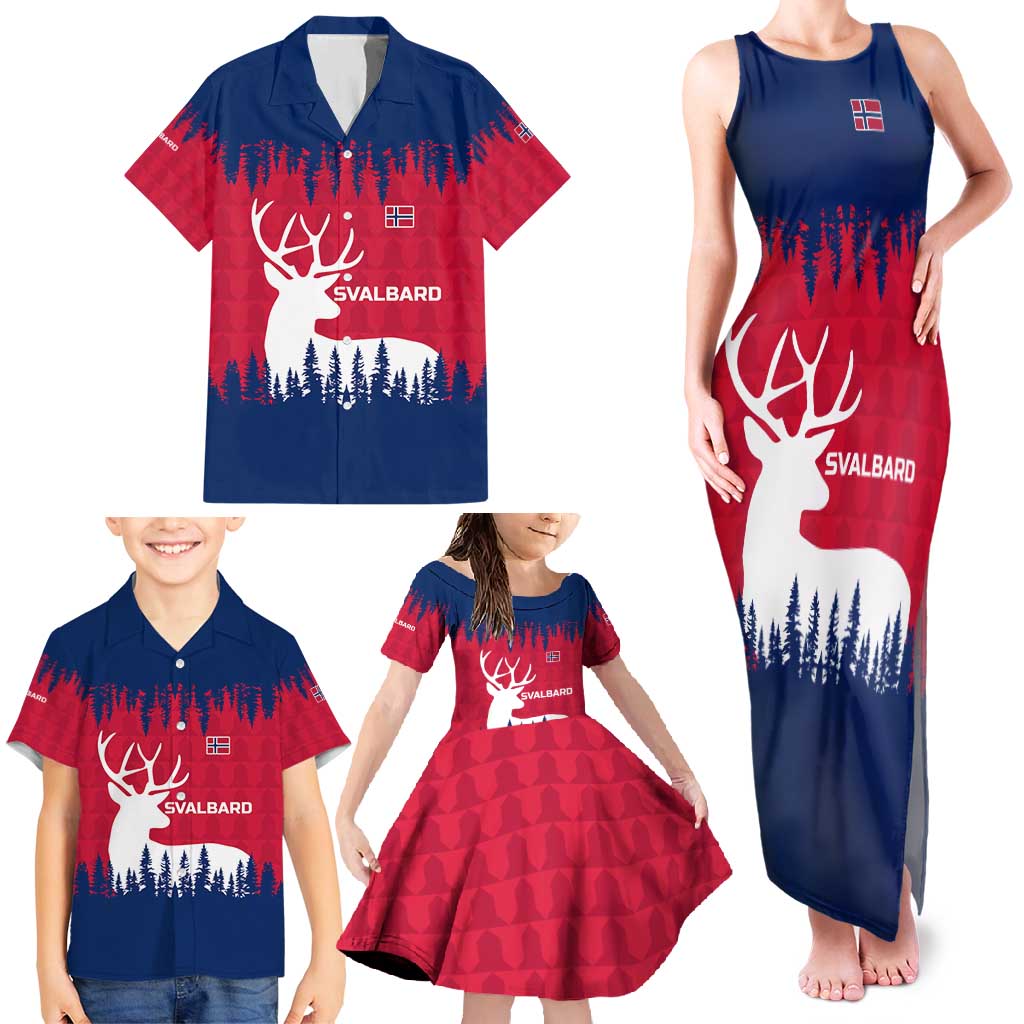 Norway Svalbard Family Matching Tank Maxi Dress and Hawaiian Shirt with Reindeer Silhouette Forest and Norwegian Flag - Wonder Print Shop