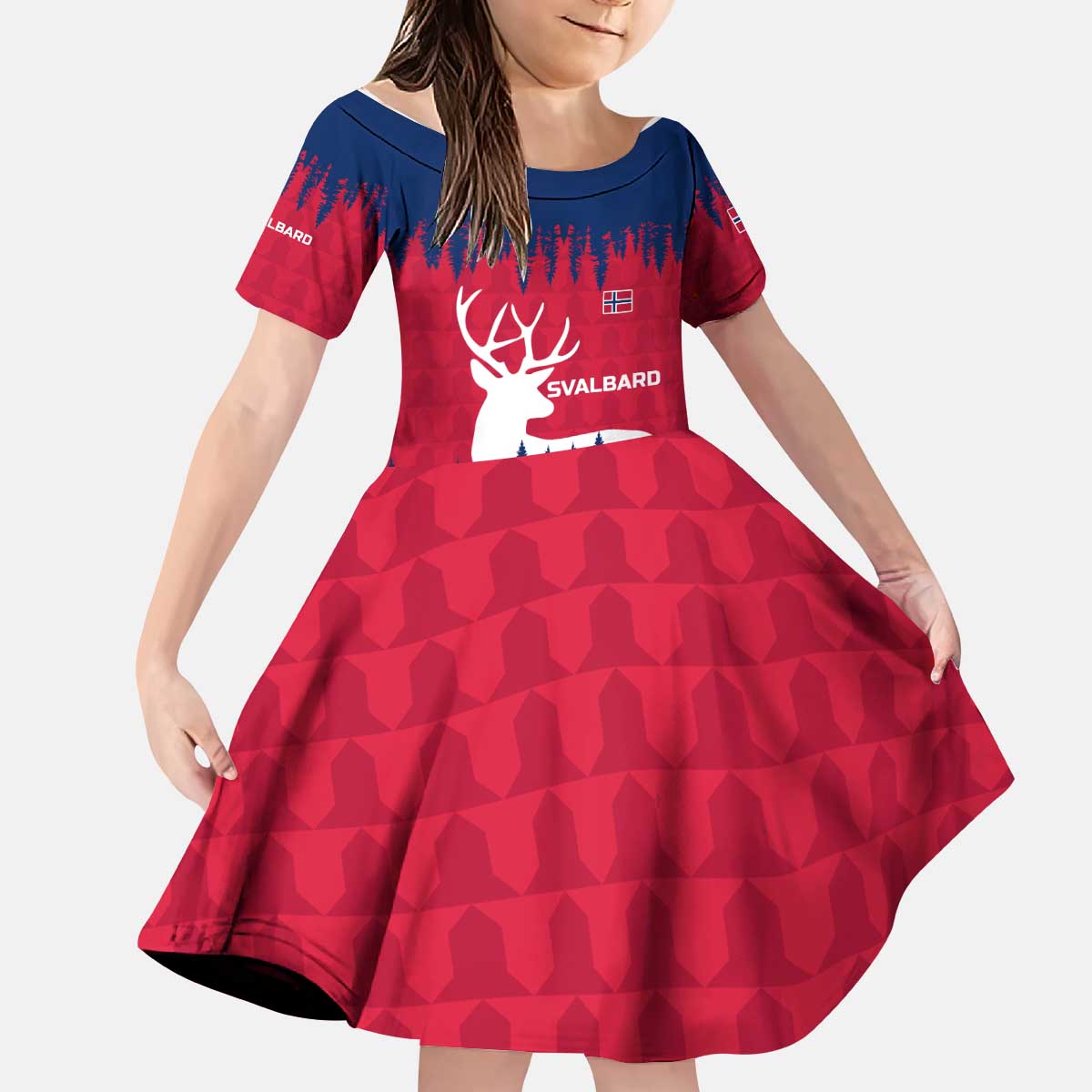 Norway Svalbard Kid Short Sleeve Dress with Reindeer Silhouette Forest and Norwegian Flag - Wonder Print Shop