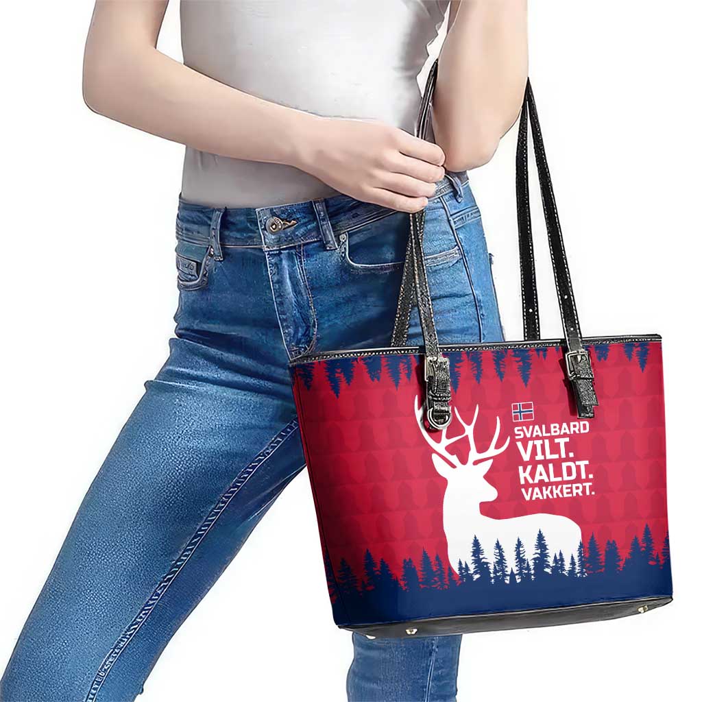 Norway Svalbard Leather Tote Bag with Reindeer Silhouette Forest and Norwegian Flag - Wonder Print Shop