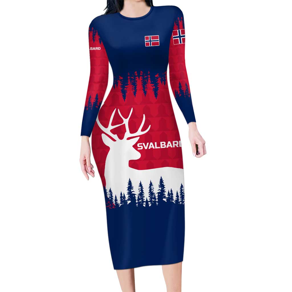 Norway Svalbard Long Sleeve Bodycon Dress with Reindeer Silhouette Forest and Norwegian Flag - Wonder Print Shop