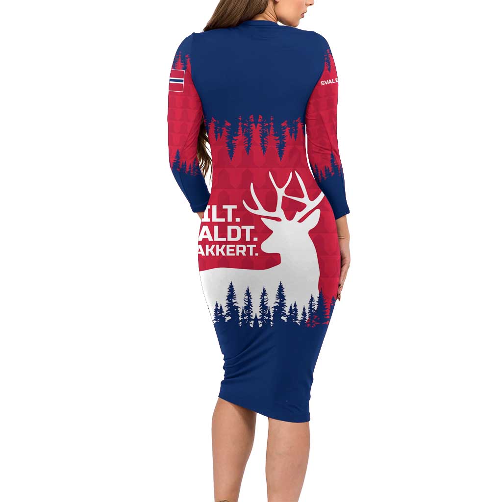 Norway Svalbard Long Sleeve Bodycon Dress with Reindeer Silhouette Forest and Norwegian Flag - Wonder Print Shop