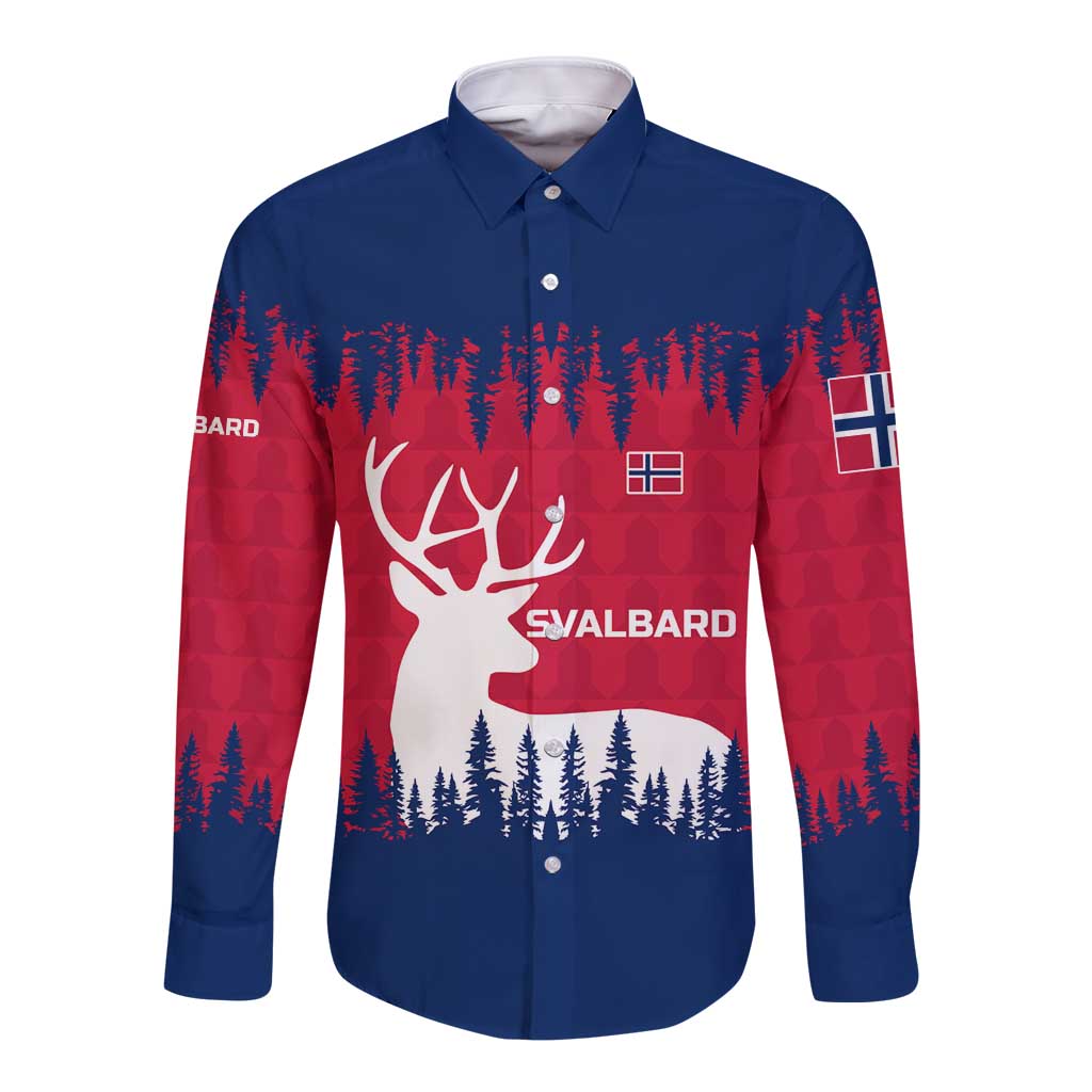 Norway Svalbard Long Sleeve Button Shirt with Reindeer Silhouette Forest and Norwegian Flag - Wonder Print Shop