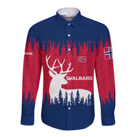Norway Svalbard Long Sleeve Button Shirt with Reindeer Silhouette Forest and Norwegian Flag - Wonder Print Shop