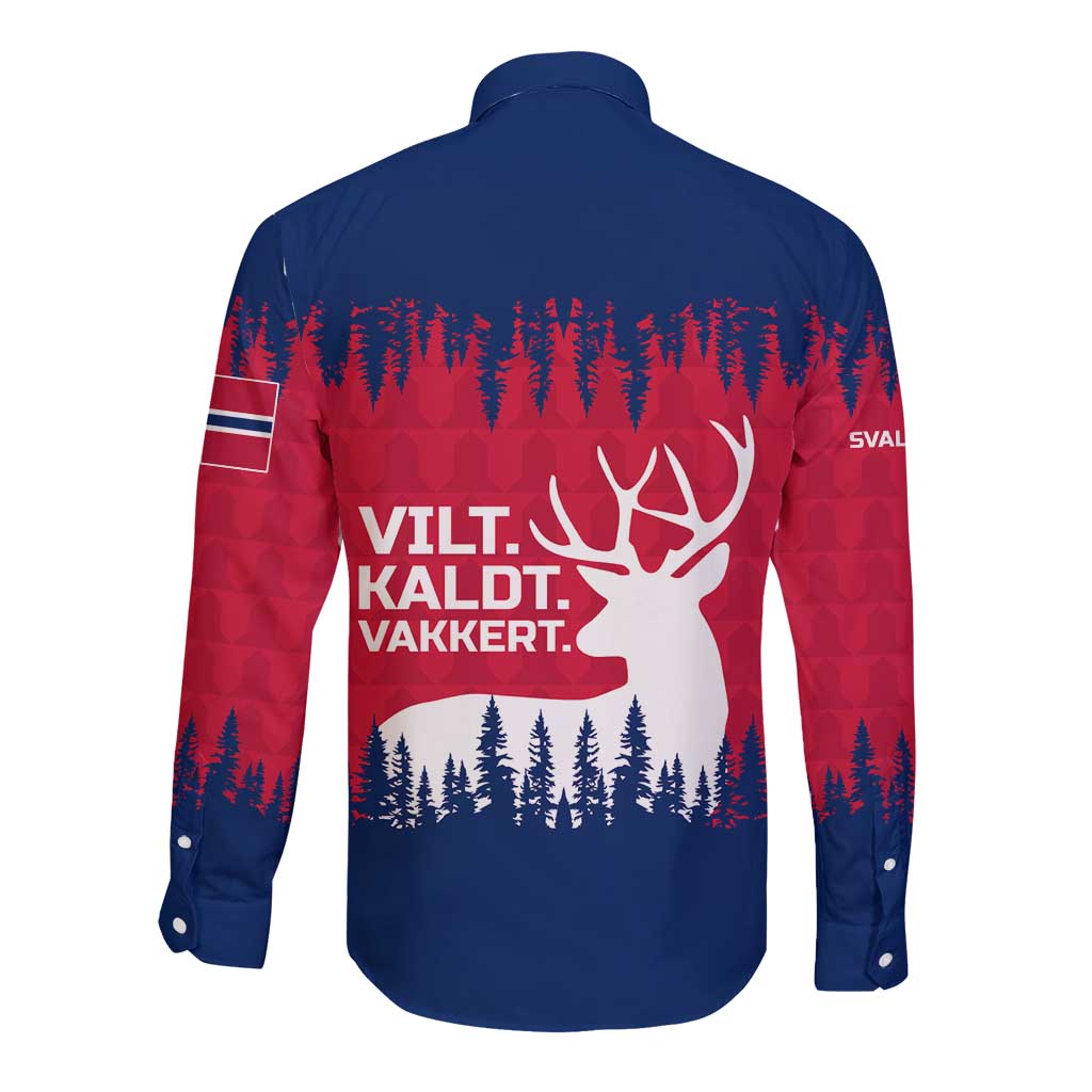 Norway Svalbard Long Sleeve Button Shirt with Reindeer Silhouette Forest and Norwegian Flag - Wonder Print Shop