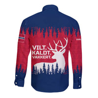 Norway Svalbard Long Sleeve Button Shirt with Reindeer Silhouette Forest and Norwegian Flag - Wonder Print Shop