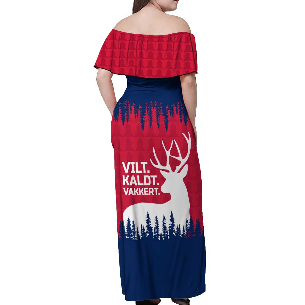 Norway Svalbard Off Shoulder Maxi Dress with Reindeer Silhouette Forest and Norwegian Flag - Wonder Print Shop