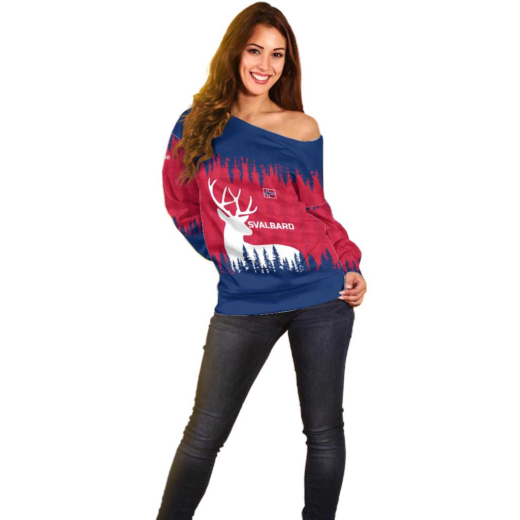 Norway Svalbard Off Shoulder Sweater with Reindeer Silhouette Forest and Norwegian Flag - Wonder Print Shop