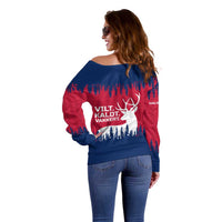 Norway Svalbard Off Shoulder Sweater with Reindeer Silhouette Forest and Norwegian Flag - Wonder Print Shop