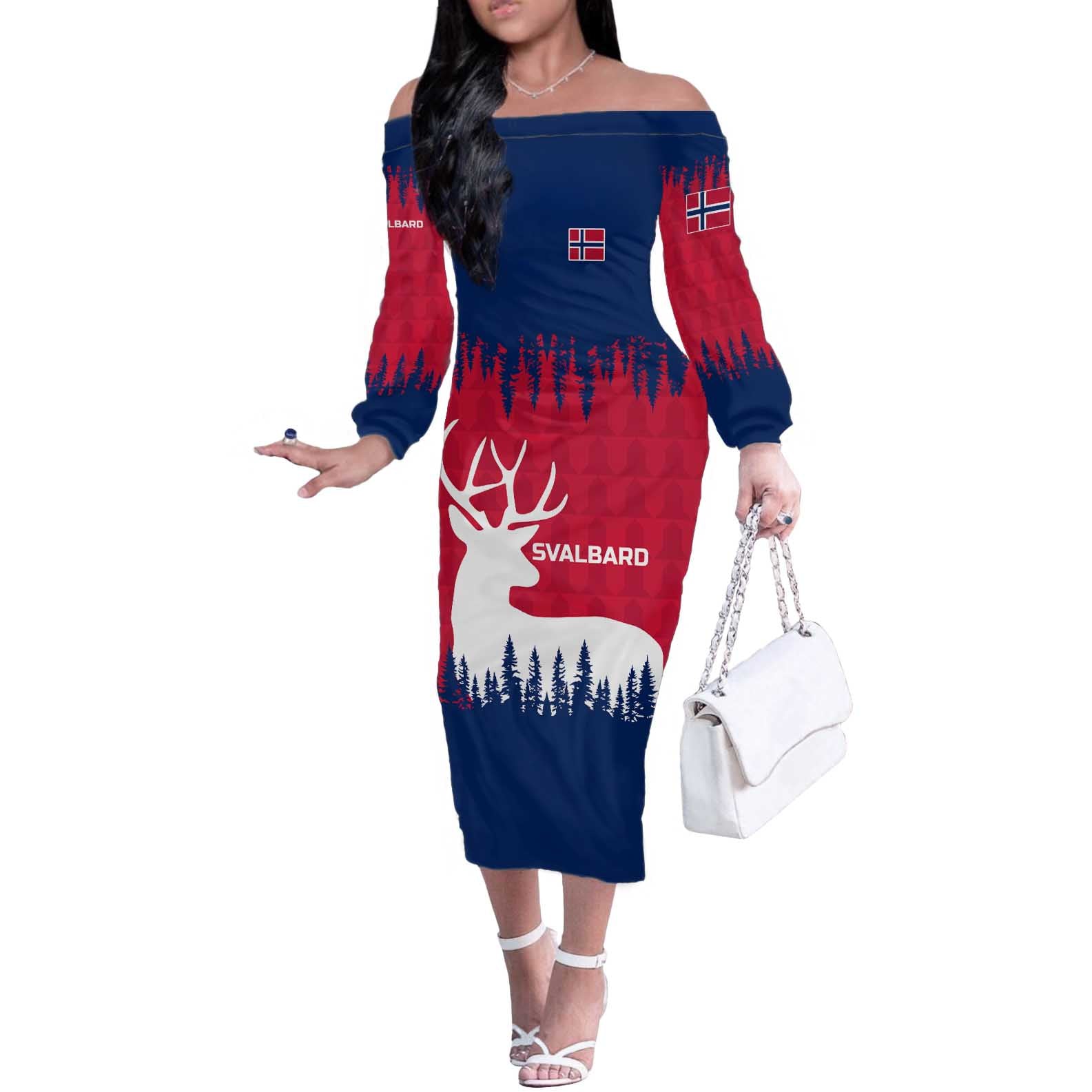 Norway Svalbard Off The Shoulder Long Sleeve Dress with Reindeer Silhouette Forest and Norwegian Flag - Wonder Print Shop