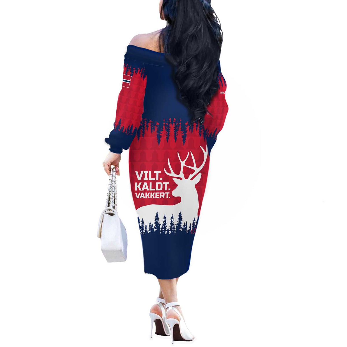 Norway Svalbard Off The Shoulder Long Sleeve Dress with Reindeer Silhouette Forest and Norwegian Flag - Wonder Print Shop