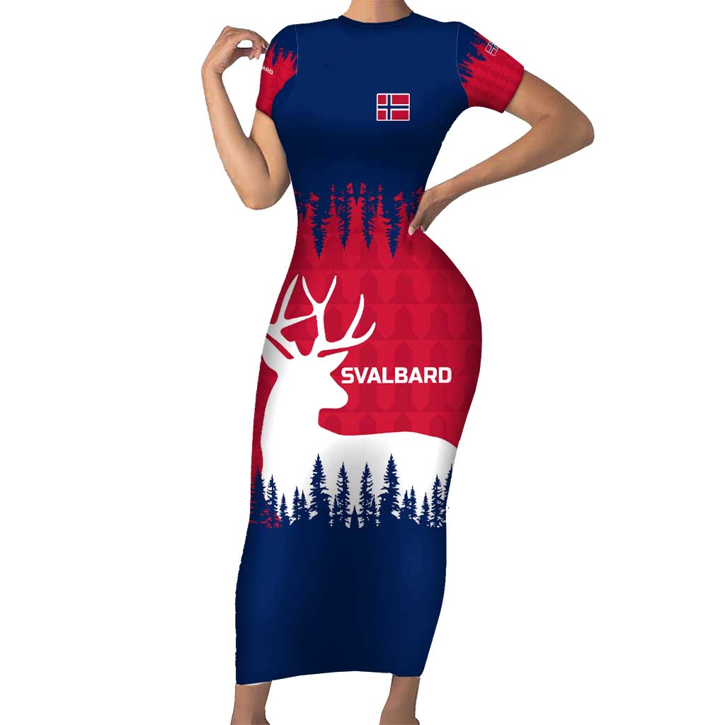 Norway Svalbard Short Sleeve Bodycon Dress with Reindeer Silhouette Forest and Norwegian Flag - Wonder Print Shop