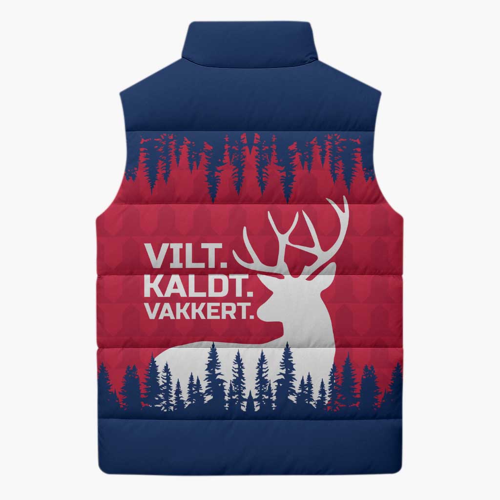 Norway Svalbard Sleeveless Puffer Jacket with Reindeer Silhouette Forest and Norwegian Flag - Wonder Print Shop