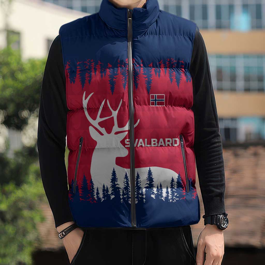 Norway Svalbard Sleeveless Puffer Jacket with Reindeer Silhouette Forest and Norwegian Flag - Wonder Print Shop