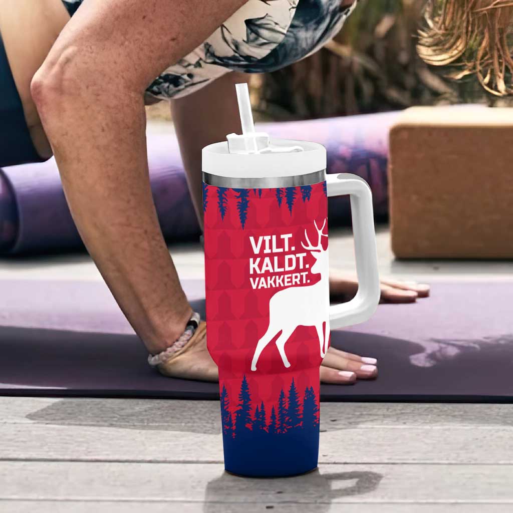 Norway Svalbard Tumbler With Handle with Reindeer Silhouette Forest and Norwegian Flag - Wonder Print Shop