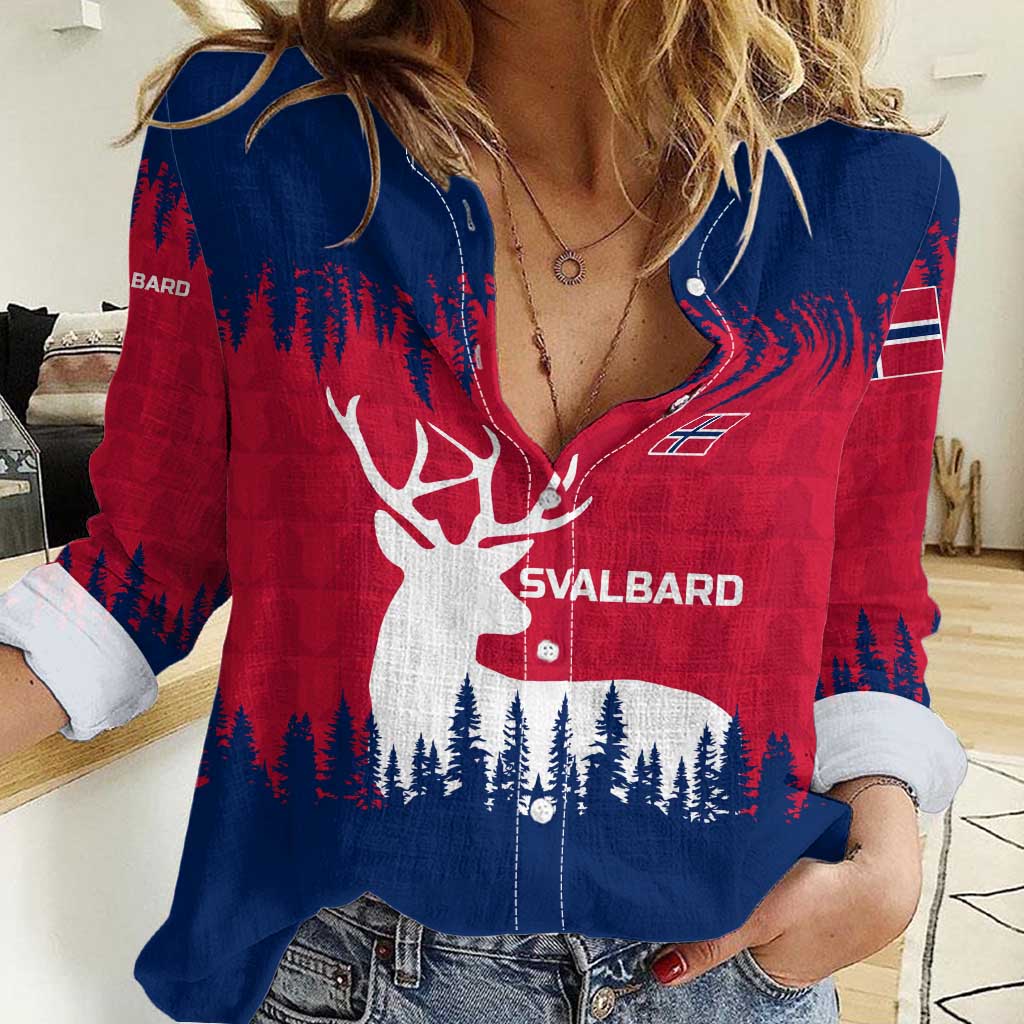 Norway Svalbard Women Casual Shirt with Reindeer Silhouette Forest and Norwegian Flag - Wonder Print Shop