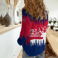 Norway Svalbard Women Casual Shirt with Reindeer Silhouette Forest and Norwegian Flag - Wonder Print Shop