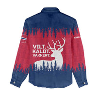 Norway Svalbard Women Casual Shirt with Reindeer Silhouette Forest and Norwegian Flag - Wonder Print Shop