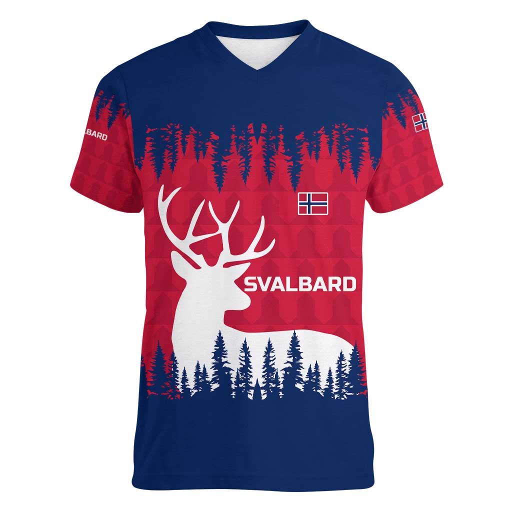 Norway Svalbard Women V-Neck T-Shirt with Reindeer Silhouette Forest and Norwegian Flag - Wonder Print Shop